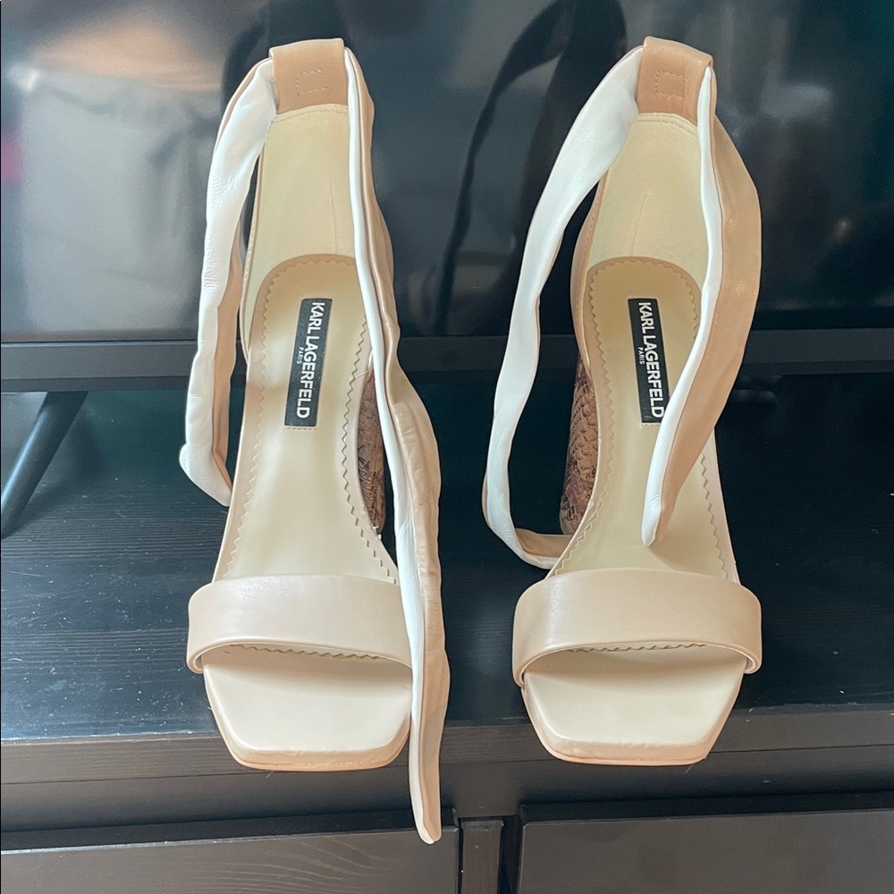 Karl Lagerfeld Cream and Tan Strappy Heels